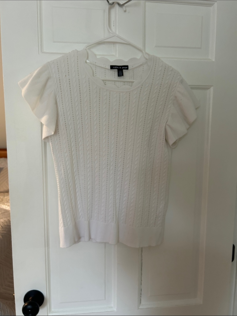 Cable & Gauge White Pointelle Ruffle Sleeve Sweater Top